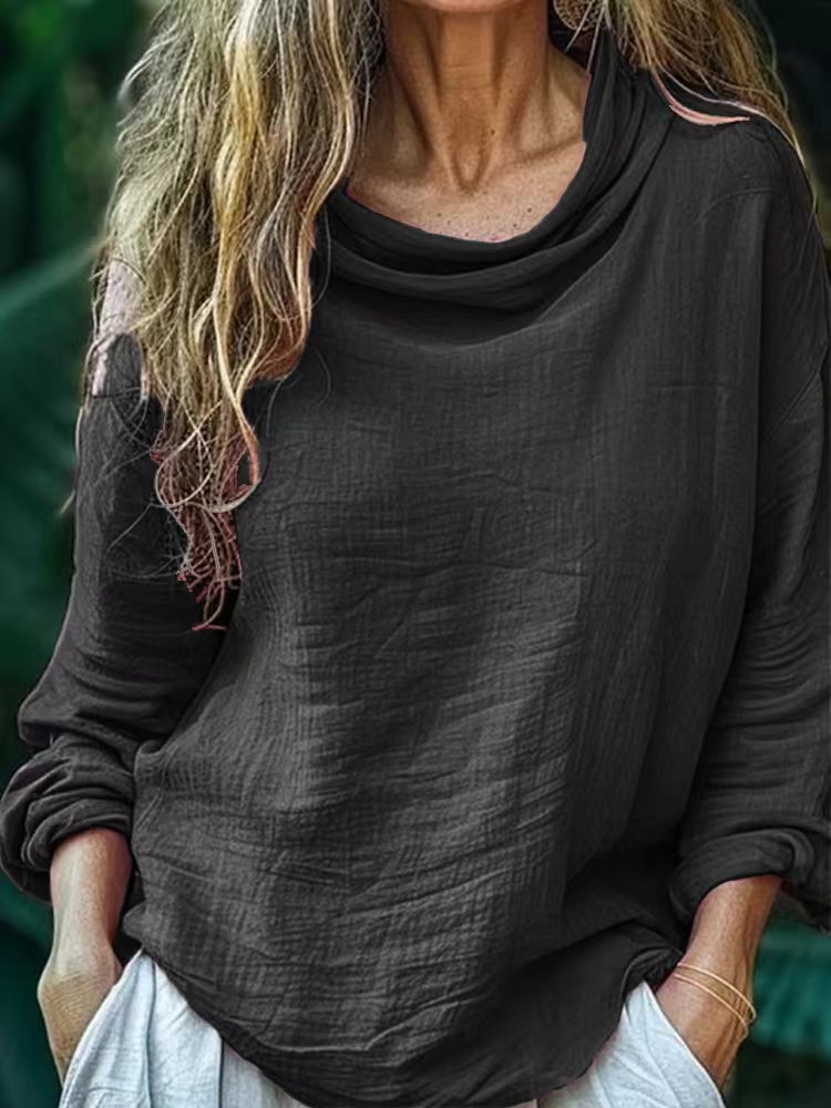 Spring Women's Casual Loose Fashion Long Sleeved Solid Color Pile Collar Pullover Pleated Top