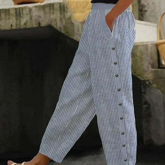 Printed Striped Button-binding Elastic Waist Cropped Pants