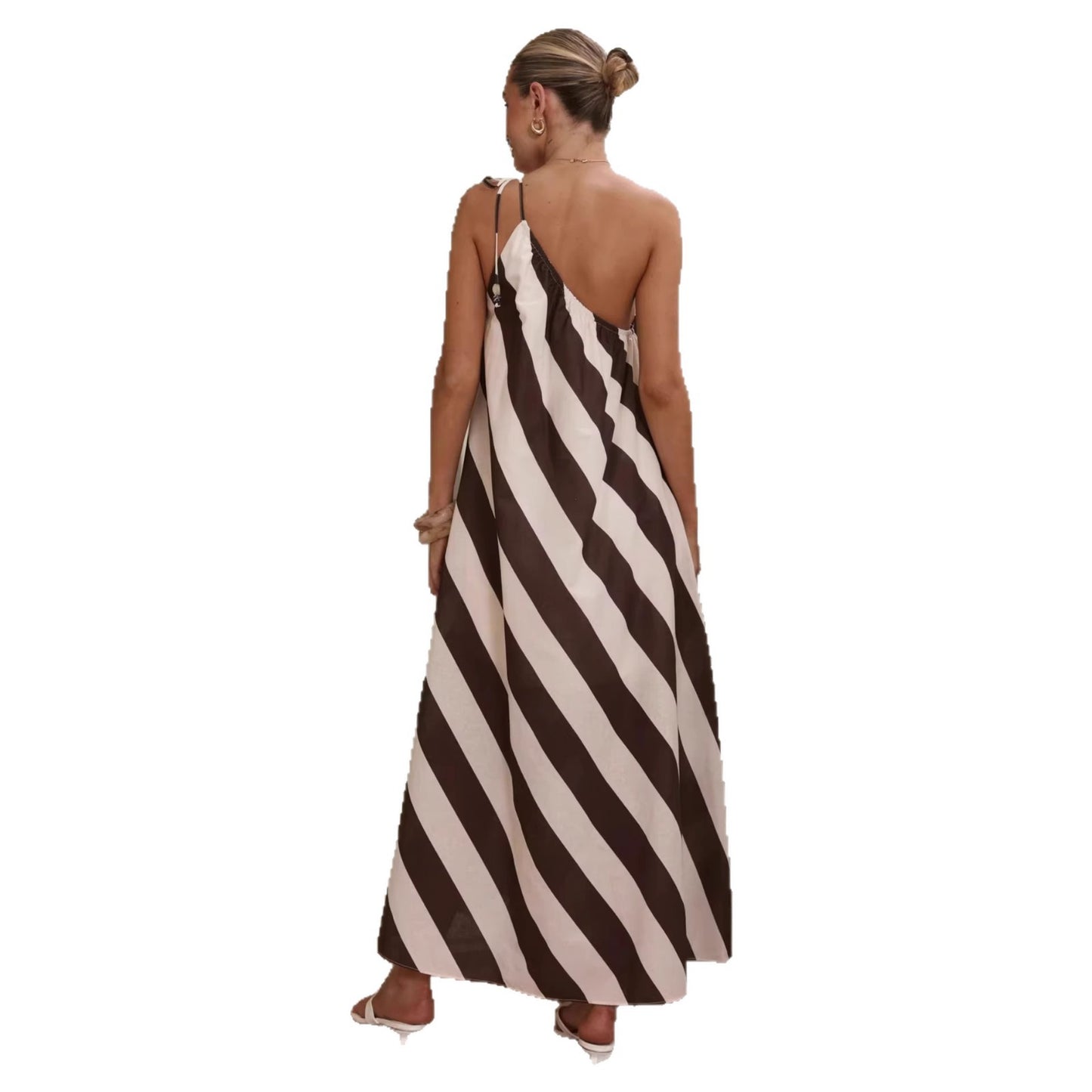 Sommer stribet print off-shoulder snørekjole løs ferie maxi kjole