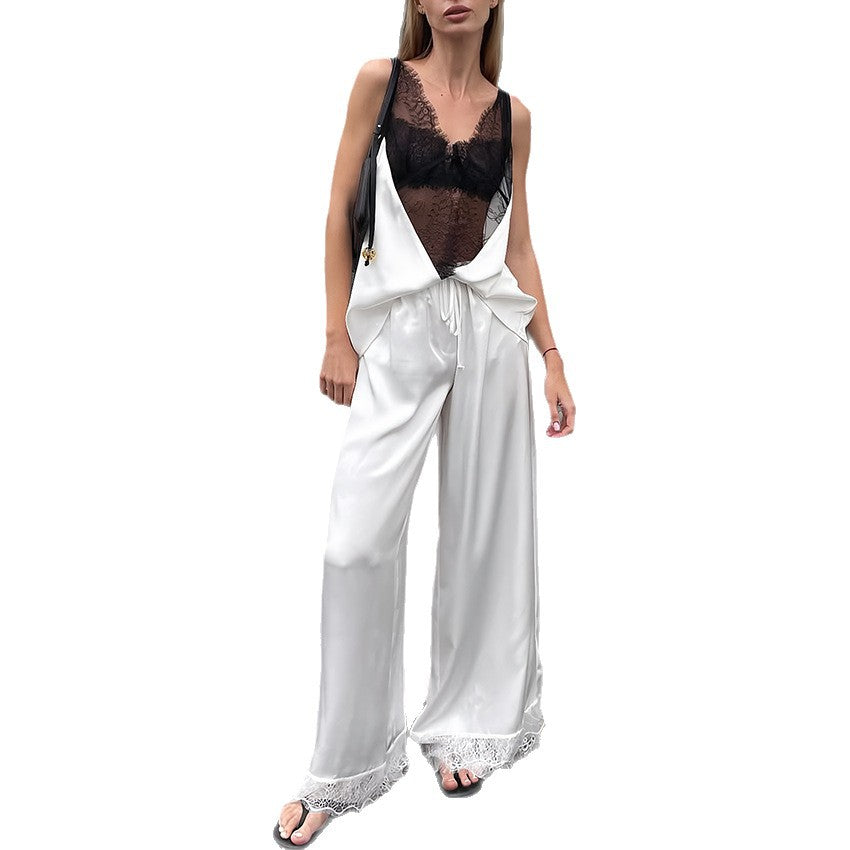 Womens Lace Color-Block Camisole And Draping Straight Pants Fashionable Casual Set
