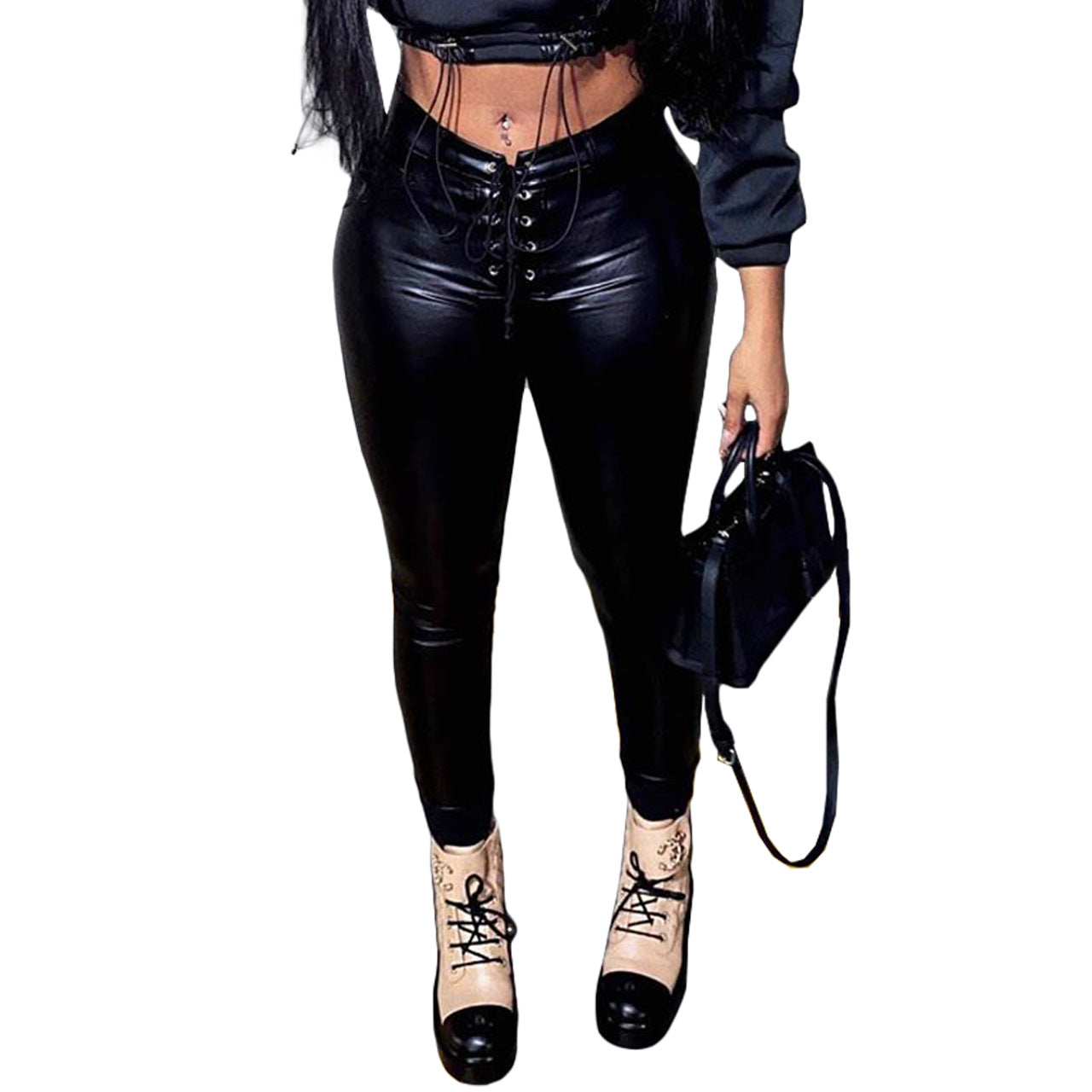 Lace Zipper Leather Pants PU Leather Slim Skinny High Waist Stretch