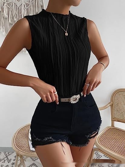 Women's Half Turtleneck Wide Pattern Vest Summer Retro Chic Sleeveless Top