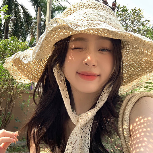 Big Brim Sun-proof Straw Hat Female Summer Seaside Breathable Lace Up