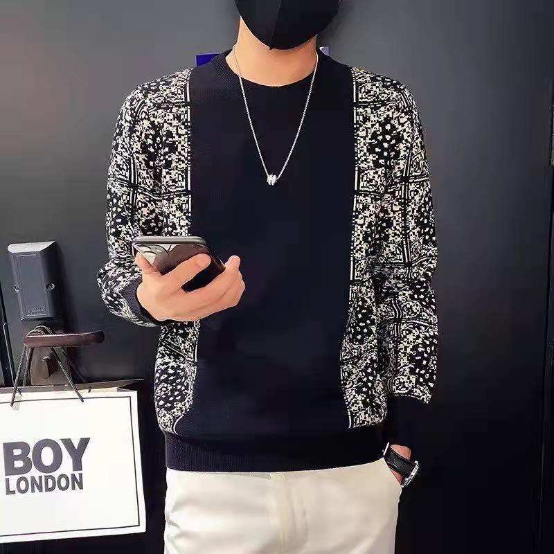 Contrast-color Fashionable Knitwear Crew-neck Sweater For Men