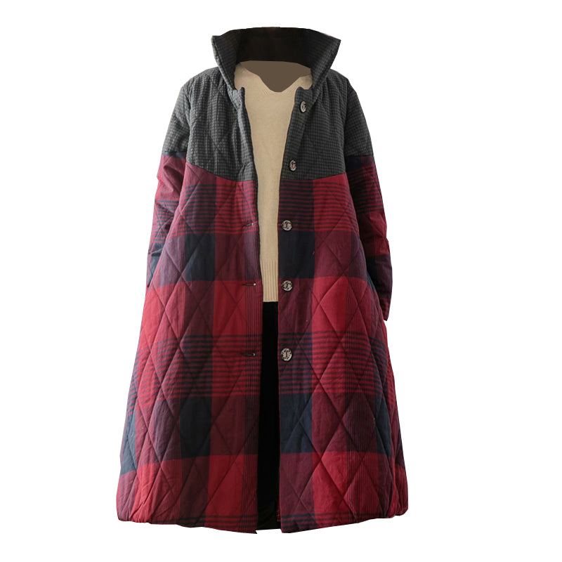 Artistic Retro Long Hooded Plaid Cotton Coat Cotton Jacket Women's Chinese Style Loose Puffer Jacket