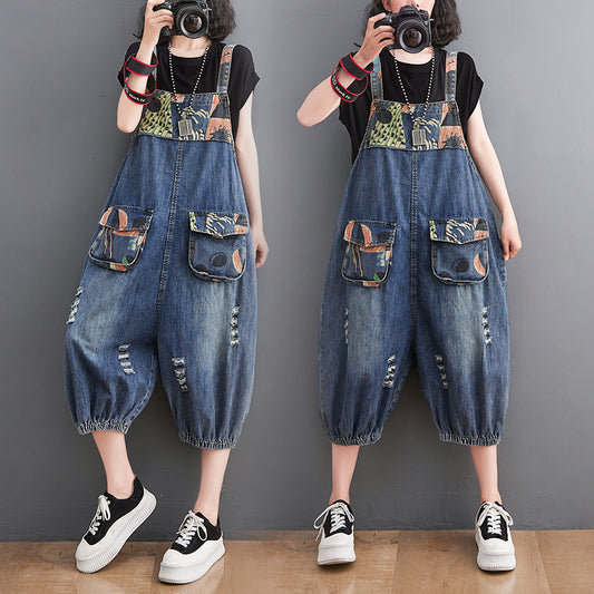 Age-reducing Denim Overalls Shorts Women's Printed Stitching Casual