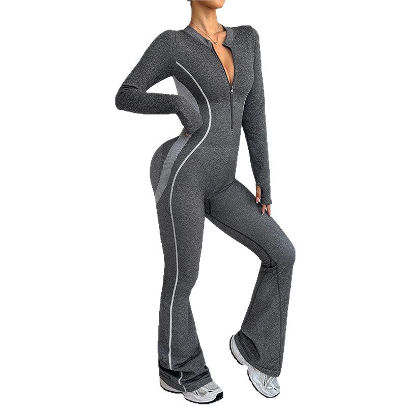 Frosted Contrasting Color Zipper Stand Up Collar Yoga Outdoor Sports Bootcut Jumpsuit With Butt Lifting Design