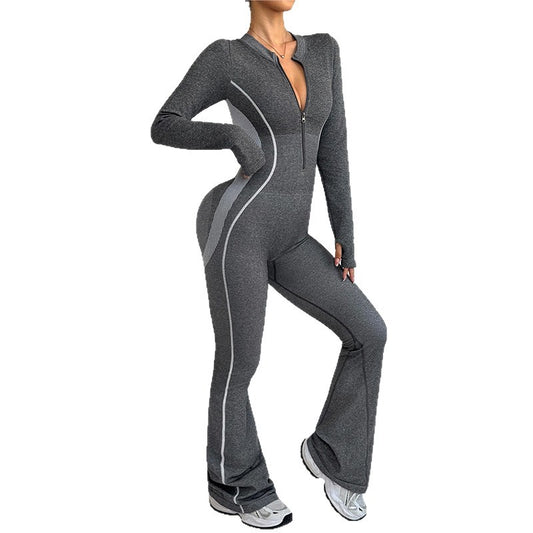 Frosted Contrasting Color Zipper Stand Up Collar Yoga Outdoor Sports Bootcut Jumpsuit With Butt Lifting Design