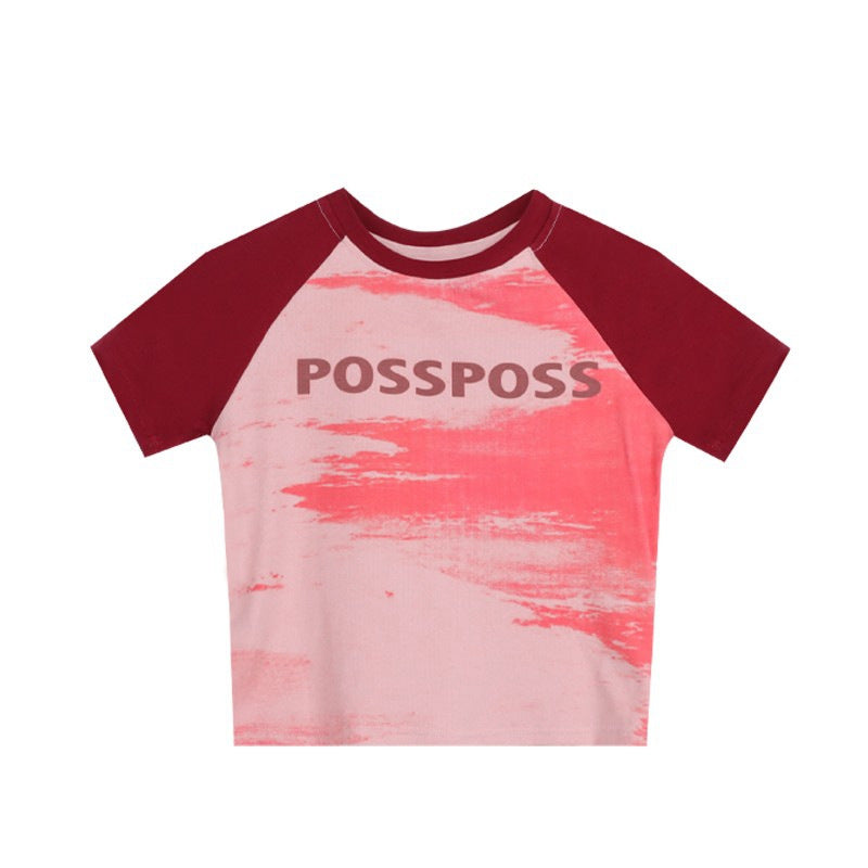 Contrast Color Round Neck Short Raglan Short Sleeve