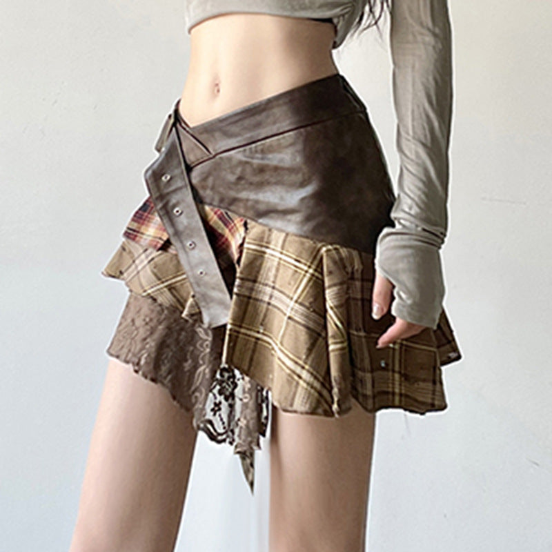 Retro Irregular Plaid Color Contrast Patchwork Skirt New