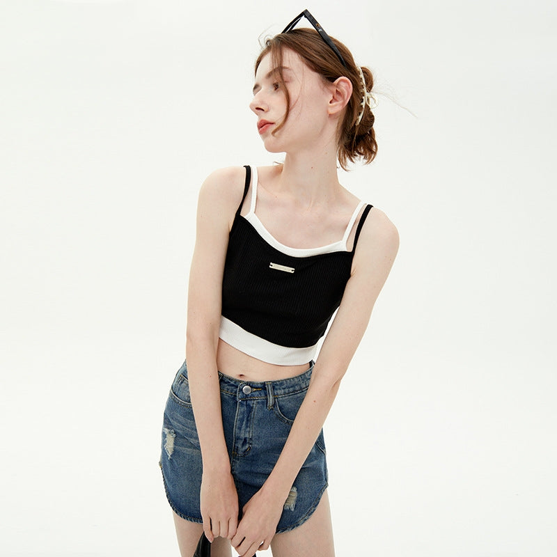 Stitching Contrast Color Design Sense Double-strap Vest Girl Fake Two Pieces