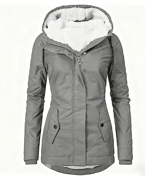 Solid Color Pocket Long-sleeve Zipper Fleece Padded Coat Women