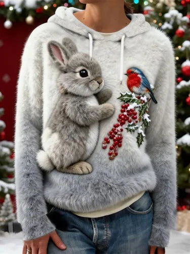 Womens Flannel Christmas Crew-Neck Long-Sleeve Top