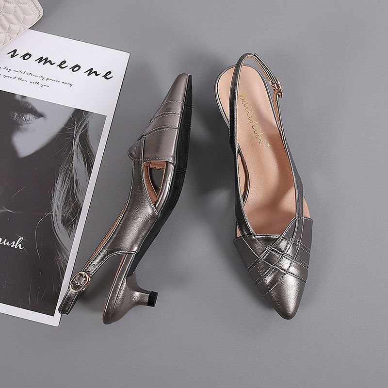 Leather Mid-heel Sandals Women New Summer New Style Pointed Toe Low Heel