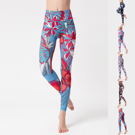 Leggings med blomsterprint, høj talje og hofteløft til kvinder, yoga, sport, løb, fitnessbukser