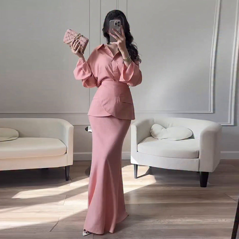 Elegant And Fashionable Three-piece Set Featuring A Collared Long Skirt
