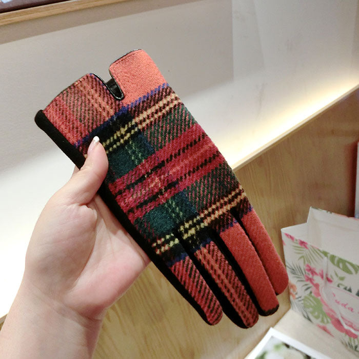 Color Plaid Wool Plus Velvet Thick Five-finger Gloves