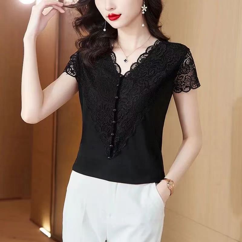 Lace Hollow-out Elegant Slimming Beading Lace Short-sleeved Top