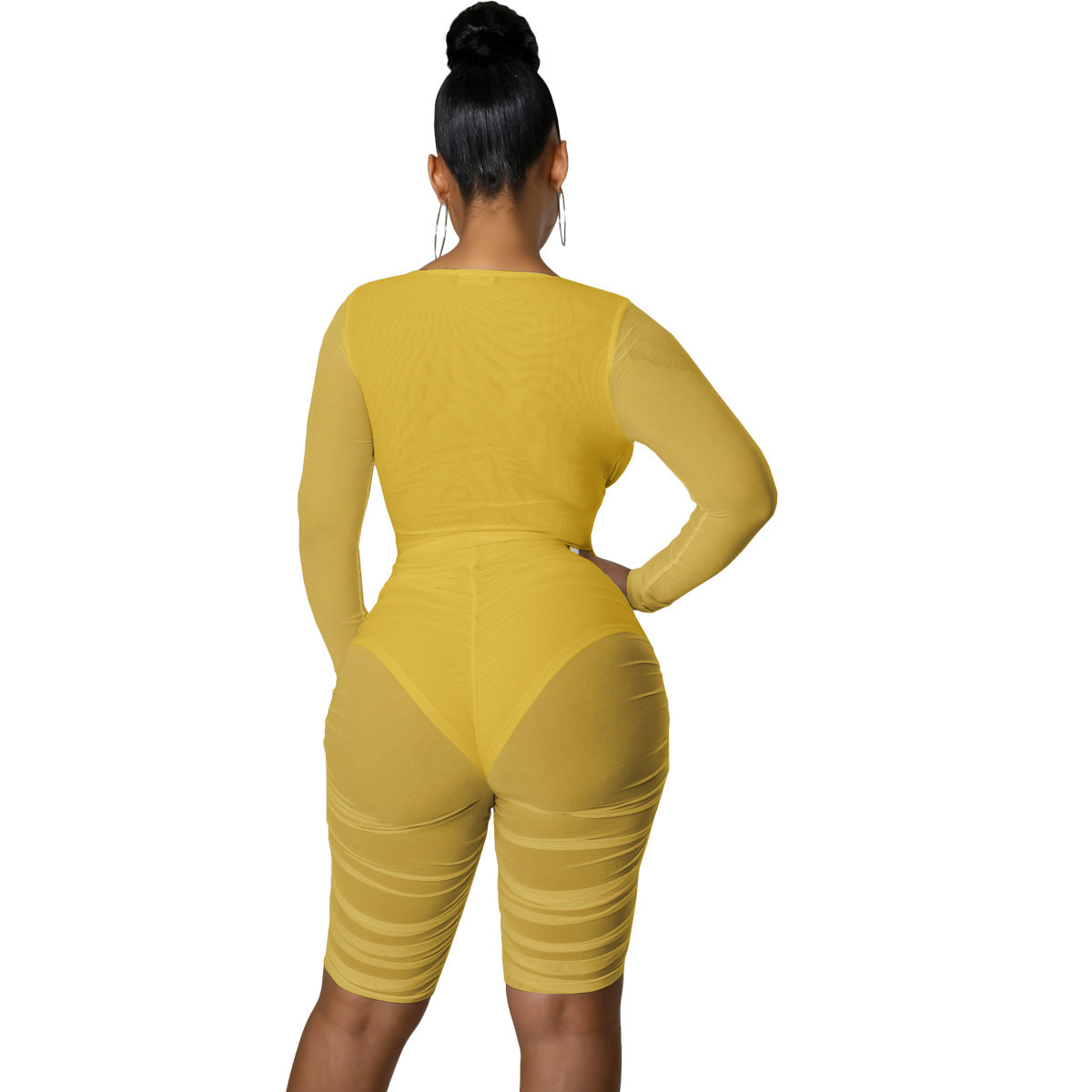 Mesh Panel Pleated Chest Wrap Casual Jumpsuit