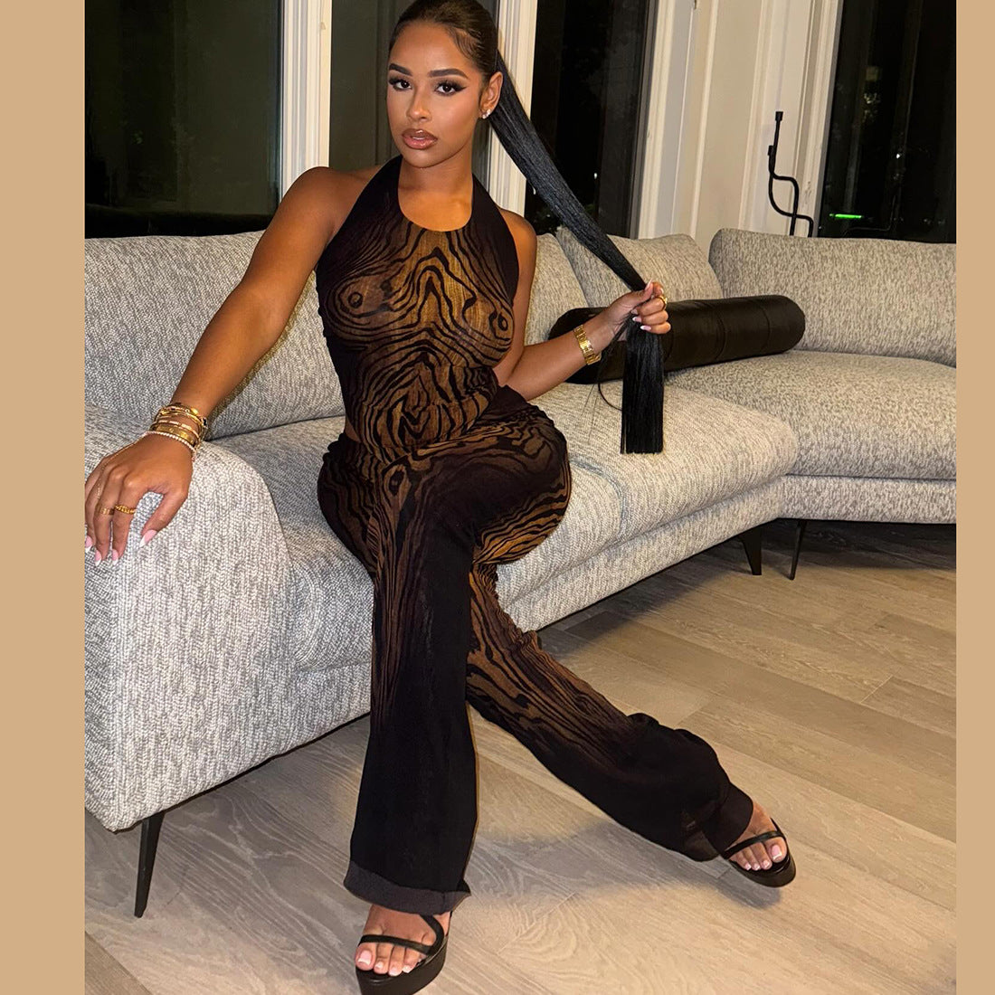 Printed Sleeveless Top Tight Trousers Suit For Women