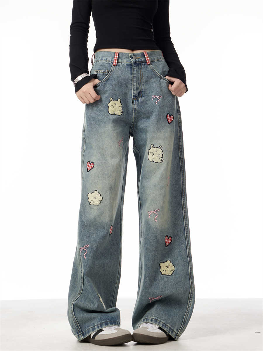 Jeans med lammebroderi til kvinder, retro, lige ben