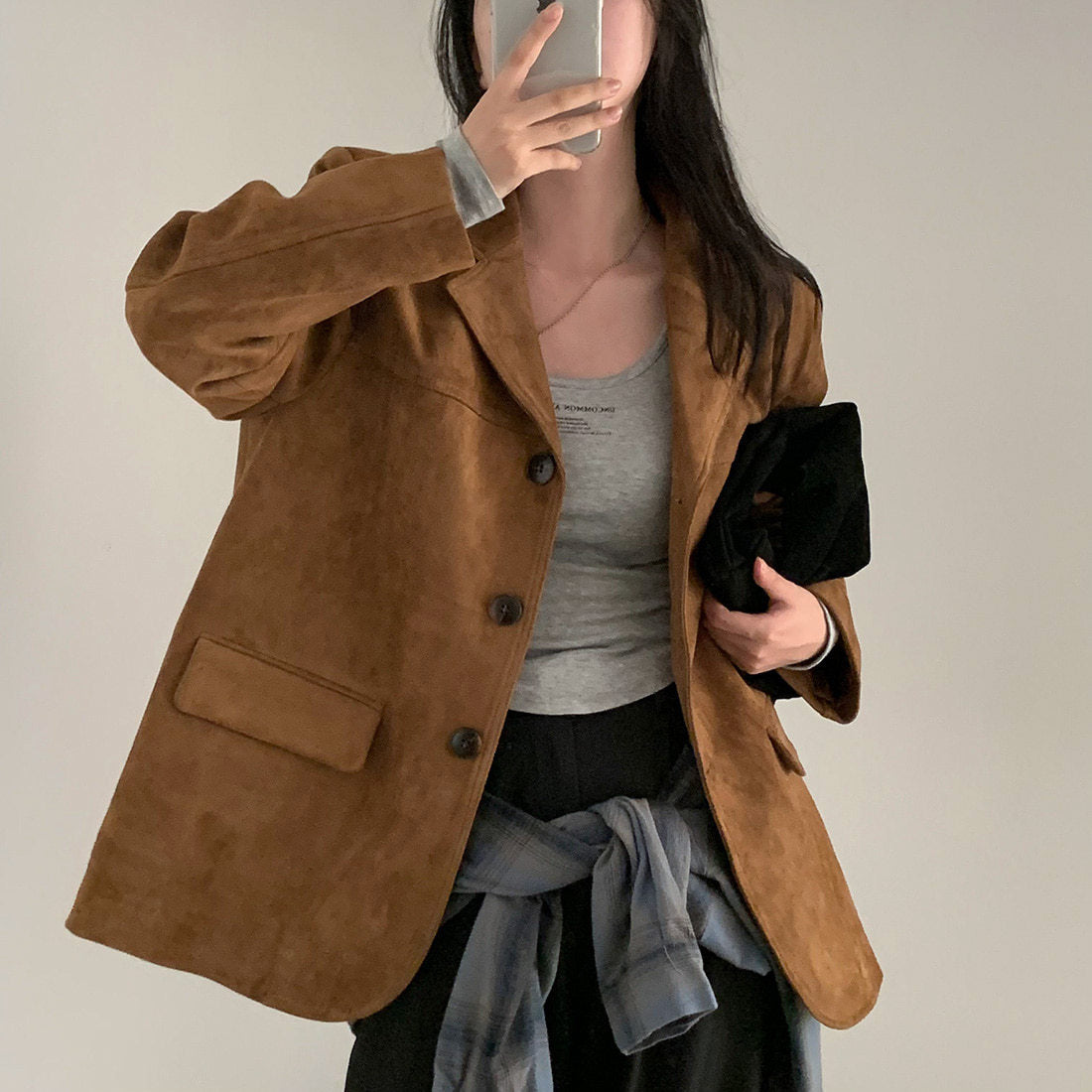 Single-breasted Loose Versatile Pocket Long Sleeve Suit Coat