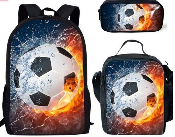 Football Print Children's Three-piece Backpack Satchel Big Pen Bag Student Backpack