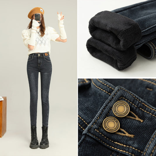 Fleece-lined Thick Jeans Women's Slim Fit