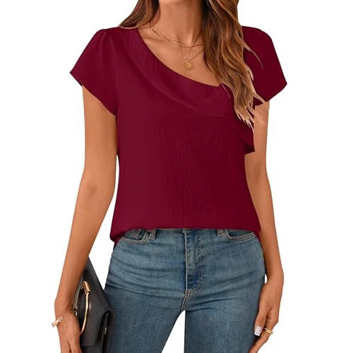 Solid Color Women's Clothing Diagonal Collar Short Sleeve T-shirt Top