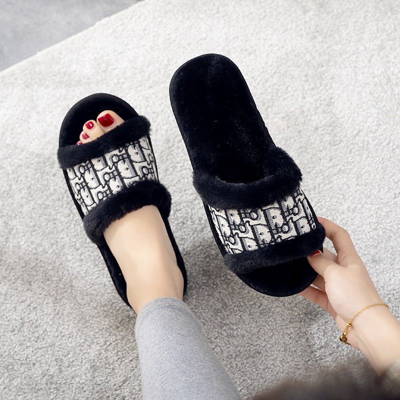 Warm Flat Slippers Women's Home Non-slip Rabbit Fur Fashion