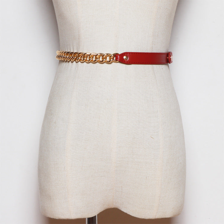 Metal Chain Stitching PU Leather Belt Female Wild Belt Decoration Dress Shirt Waist Chain