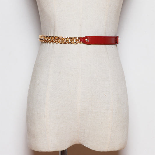 Metal Chain Stitching PU Leather Belt Female Wild Belt Decoration Dress Shirt Waist Chain