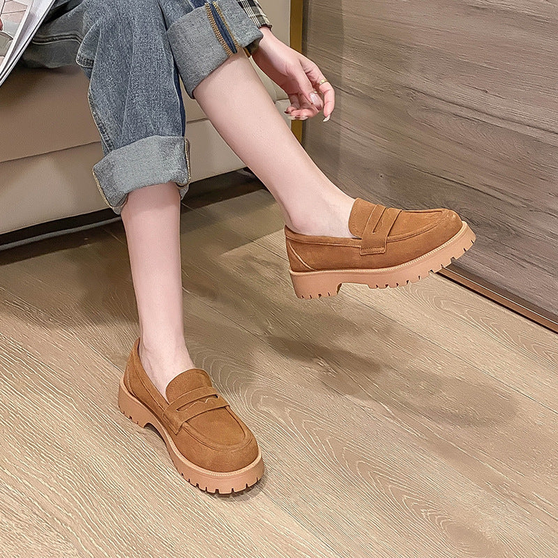 Loafers Comfort And Casual Matte Cowhide British Style Women's Shoes Chunky Heel Platform Slip-on Retro