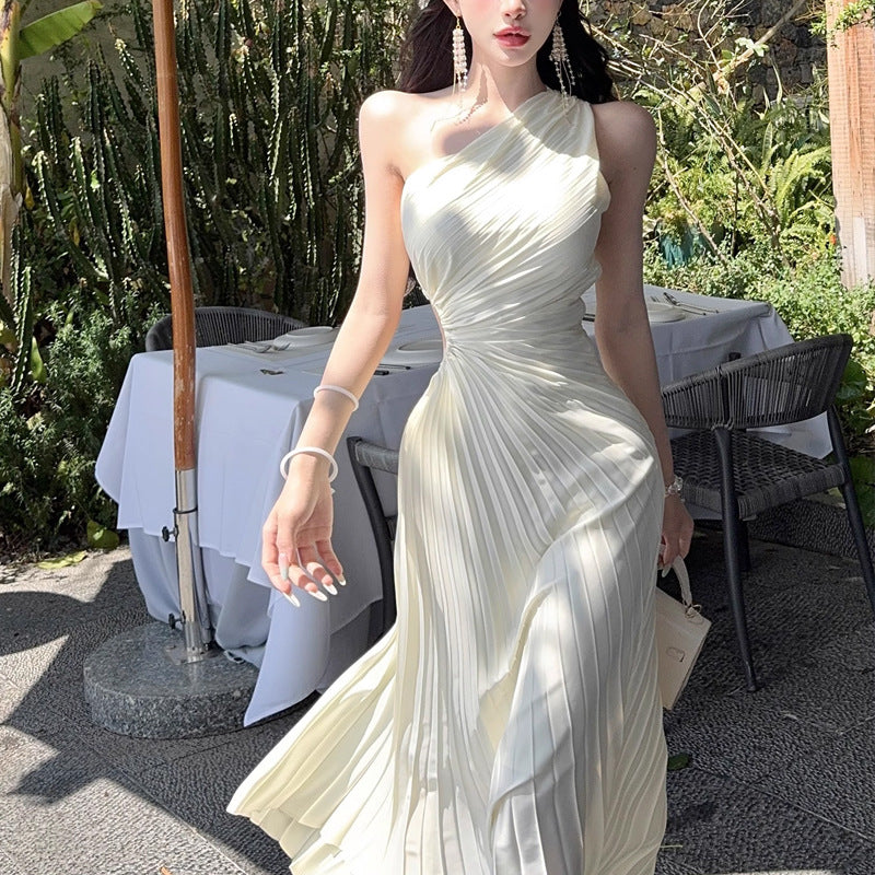 Forår Skråtskåret Skulder Defineret Talje Chiffon Elegant Fransk-inspireret Kjole Til Kvinder