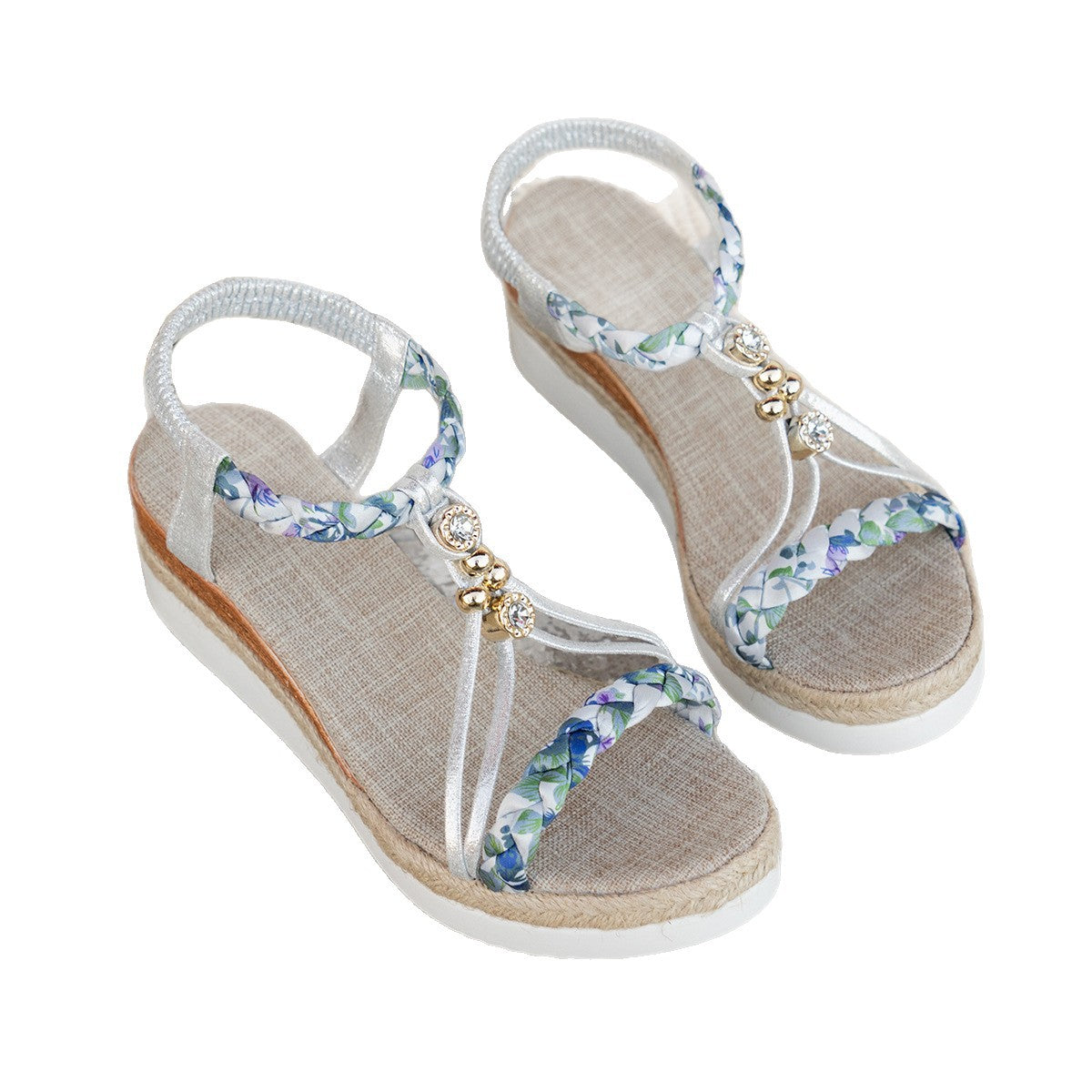 Rhinestone Ornament Wedge Stylish Beach Women's Elastic Strap Sandals