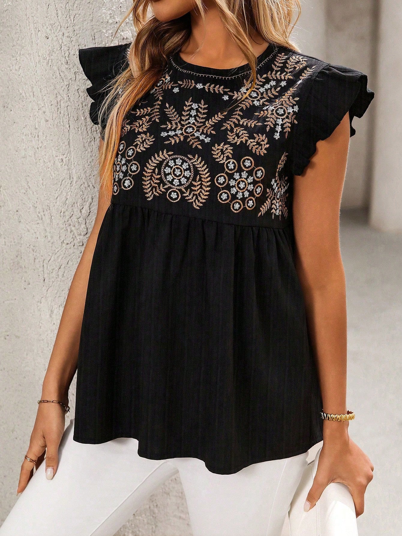 Ethnic Style Embroidered Straight Shoulder Flutter Sleeve Fashion Casual Short Shirt