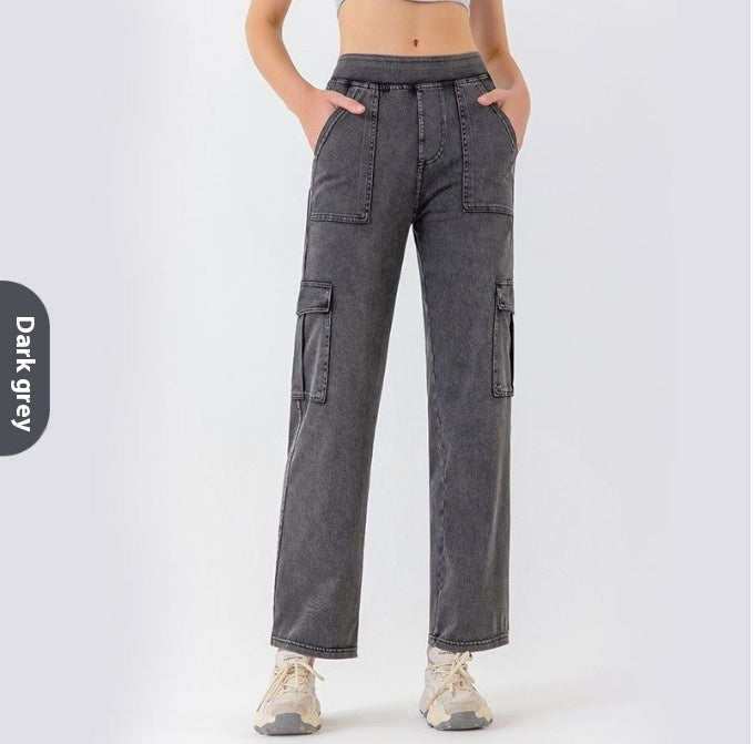 Dame Wide Leg Sportsjeans med Lommer