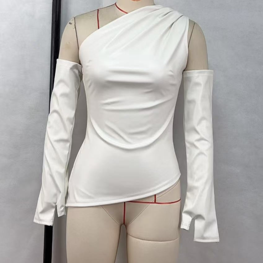 Women's Sleeveless Slant Collar PU Leather Vest With Sleeve Cover Top Set