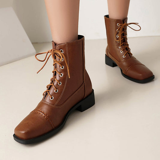 Womens Comfortable Lace-Up Square-Toe Outdoor Motorcycle Boots