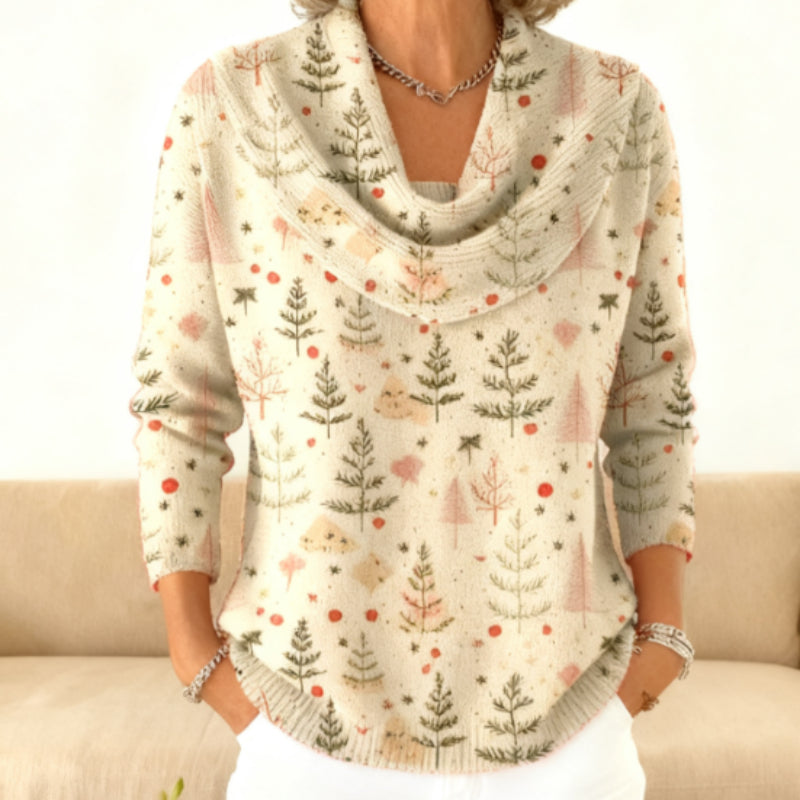 Women's Christmas Tree Pattern Art Print Cowl Neck Sweater