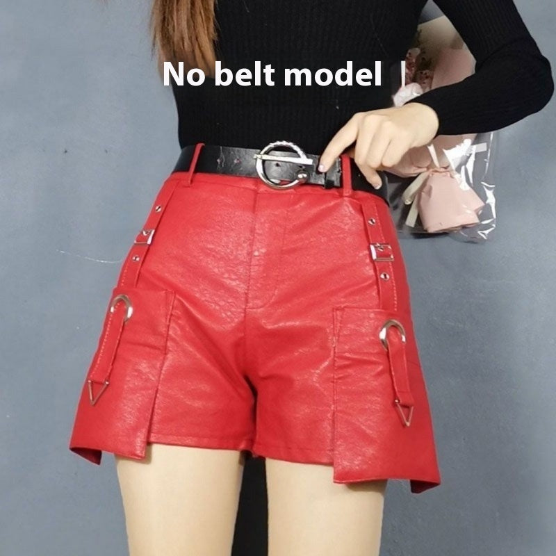 High Waist Slimming Fashion All-match Wide Leg Leather Shorts Boot Pants