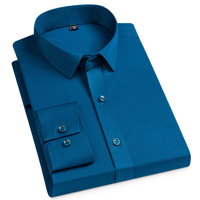 Men's Spring Long Sleeve Solid Color No Pocket Business Casual Stretch Shirt