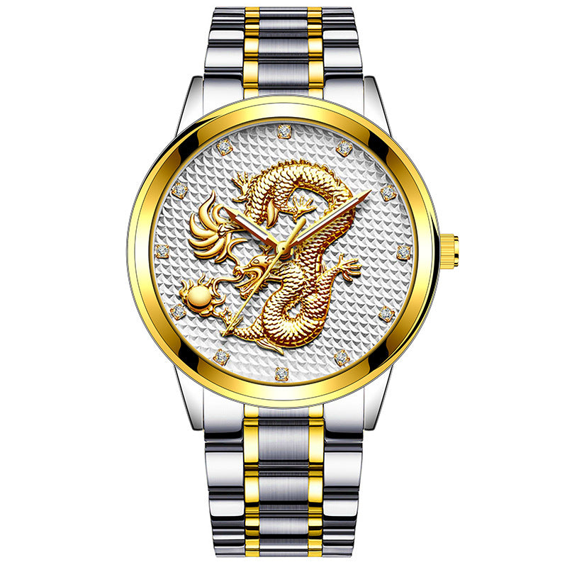 New Men's Embossed Golden Dragon Playing With Beads Diamond-inlaid Casual Business Quartz Watch