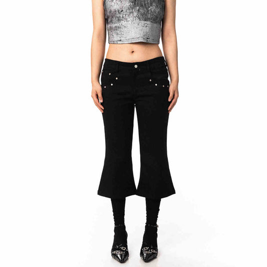 Women's Black Rivet Skinny Jeans Loose Straight Flare Pants