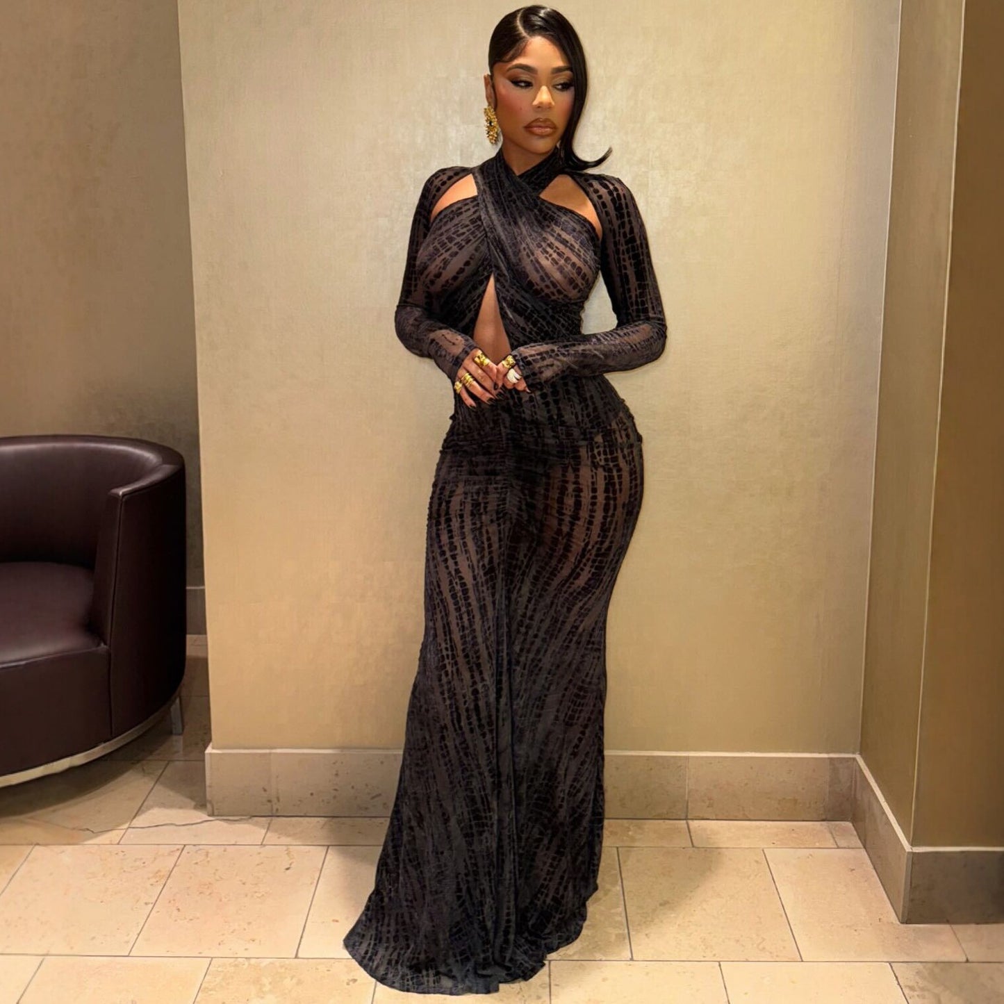 Solid-color Slim-fit Crossover-neck Sexy Evening Gown Maxi Dress