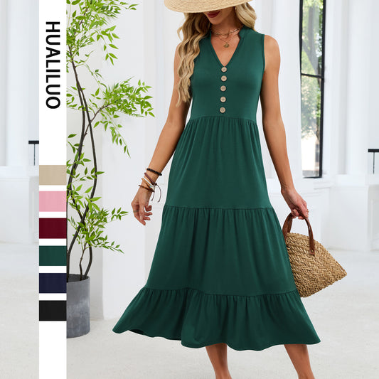 Spring Summer New Solid-Colored V-Neck Buttoned Sleeveless Long Pleated Dress