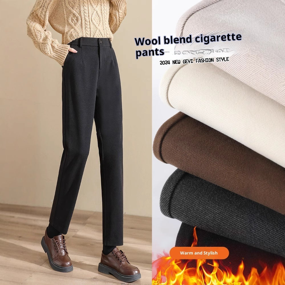Women's Black Wool Pants With Fleece Lining For Autumn And Winter, Thick And Casual