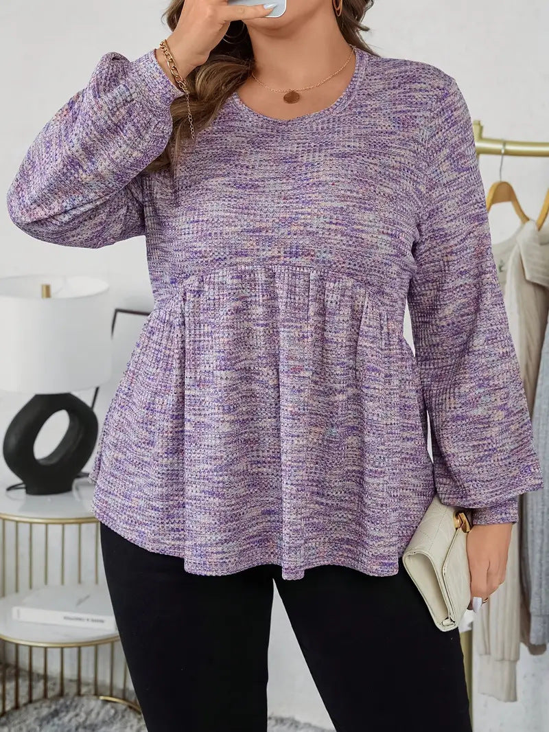 Long Sleeve Tie-dyed Printed Ruffled Hem Lantern Sleeve Round Neck T-shirt