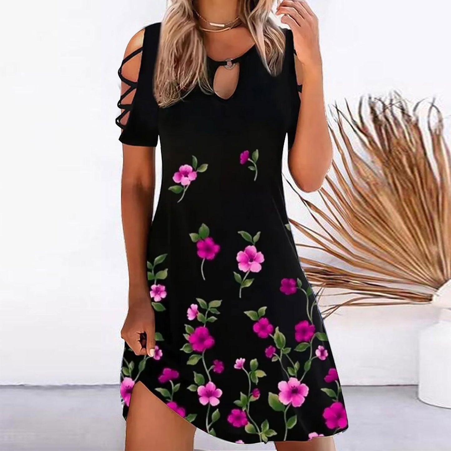 Womens Printed Short-Sleeve Off-Shoulder Casual Vacation Cinched Dress