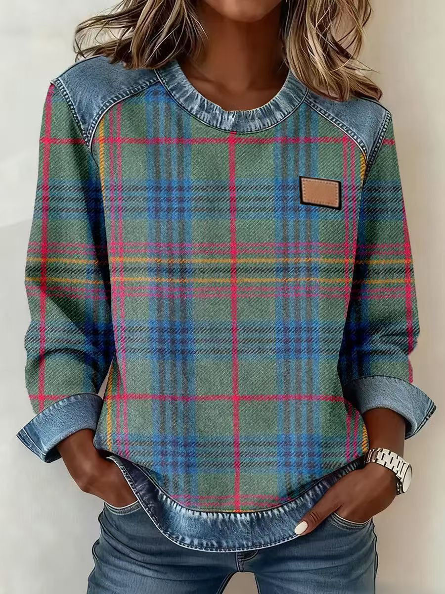 New Plaid Patchwork Loose-fitting Womens Crew-neck Blouse
